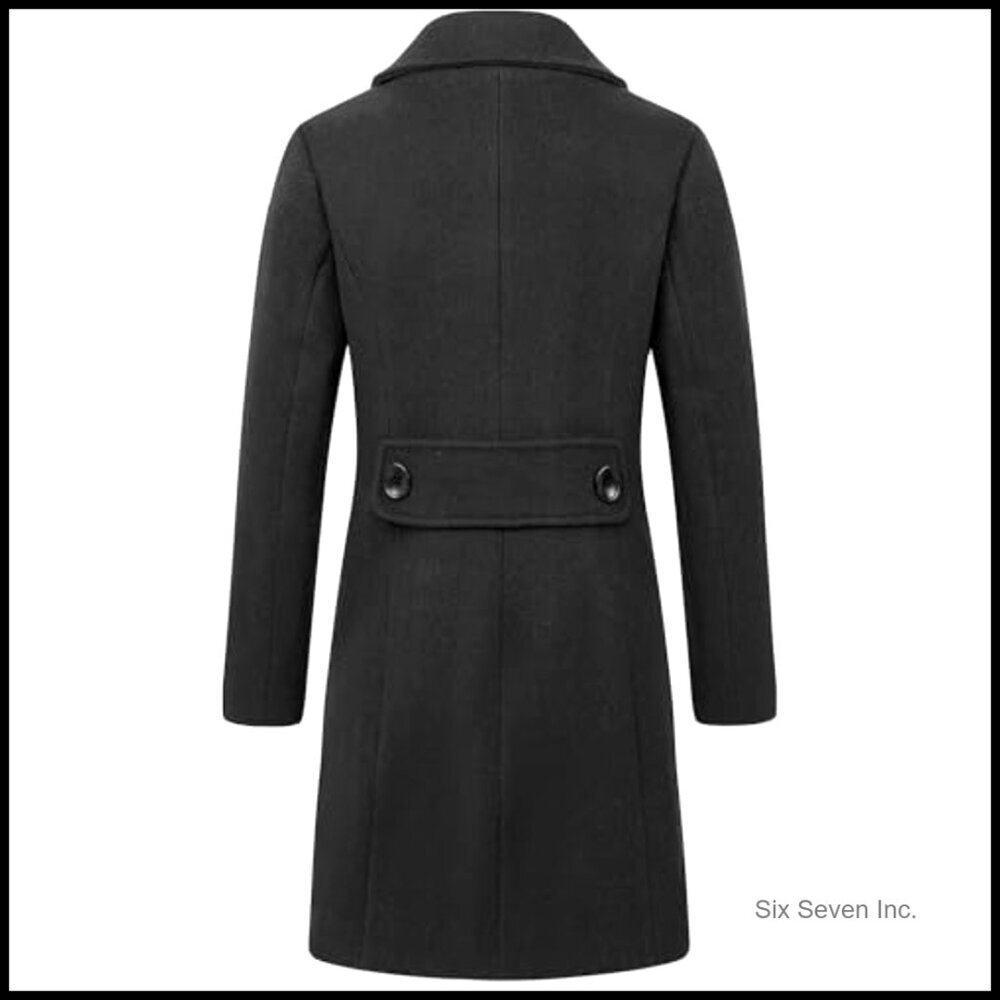 Wool Blend Pea Coat Double Breasted Notched Lapel Winter Overcoat - Picture 3 of 3
